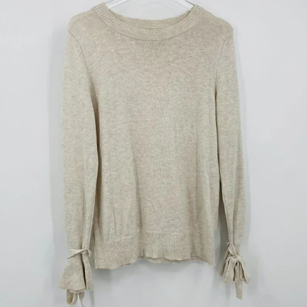 LOFT Size Medium Oatmeal Cream Tie Sleeve Thin Knit Sweater Top